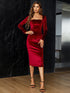 Elegant Wine Velvet Midi Party Dress for Women with Long Sleeves and Square Collar